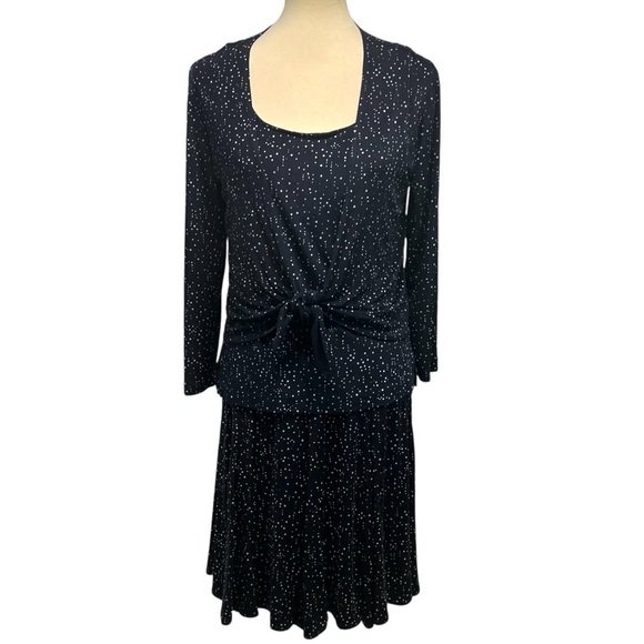 Chico’s Additions 3 Piece Slinky Navy Blue Dot Tank Skirt & Tie Waist Jacket 4/6 - Picture 2 of 16
